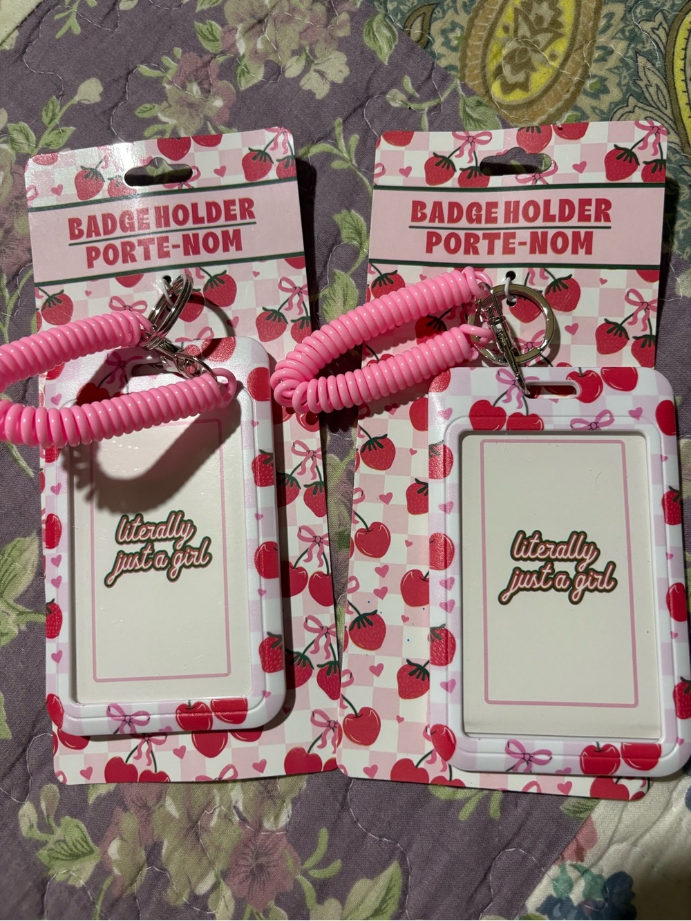 Cherry-Print ID Badge Holder with Pink Coil Wrist Strap